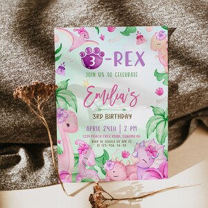 Three-rex dinosaur birthday party invite, girl 3th b-day Invitation template, stomp chomp and roar birthday invitation card printable - C125