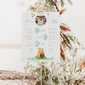 Affiche modifiable pour le premier anniversaire de Winnie l'ourson, panneau de premier anniversaire avec photo, décoration Winnie Blue pour garçon - C538-b