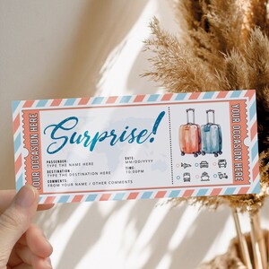Surprise suitcase for him for her travel gift ticket printable, reveal surprise trip travel coupon, blue red suitcase surprise trip vacation