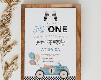 Fast one blue car 1st birthday invite printable, reto car with balloons boy 1st bday invite, vintage car birthday party invitation - C271