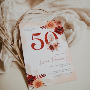 Invitación de 50 años mujer en español printable, floral 50th birthday party invitation in spanish, años cumpleaños adulto invitacion - C407