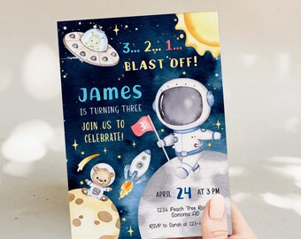 Moon countdown boy baby shower invitations printable , outer space baby shower invitation, astronaut blue boy party invites printable -C250