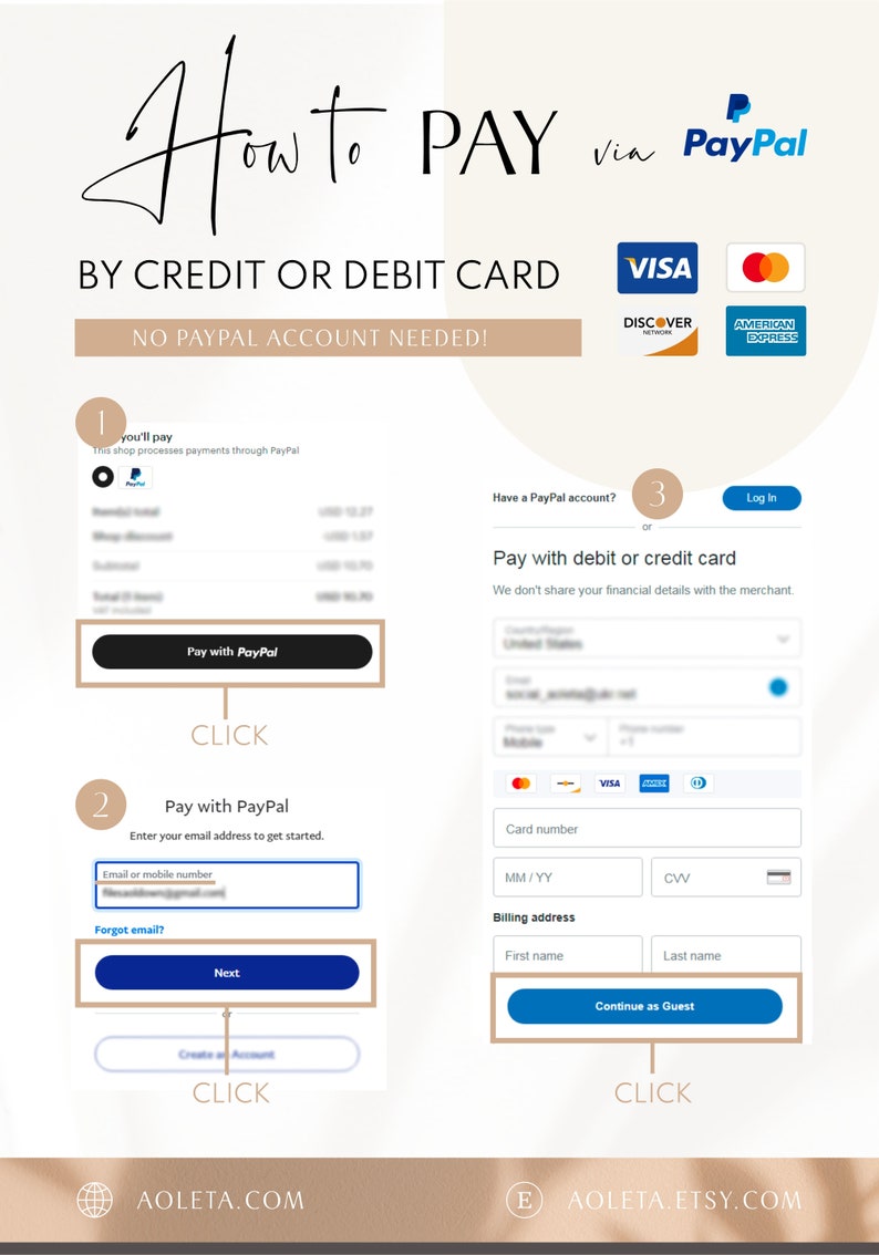 Pu&ograve; includere: Una guida passo passo su come pagare un acquisto Etsy tramite PayPal o una carta di credito o di debito. L'immagine mostra uno screenshot del processo di pagamento, con istruzioni e pulsanti per ogni passaggio. Il testo "How to PAY via PayPal" &egrave; in alto nell'immagine.