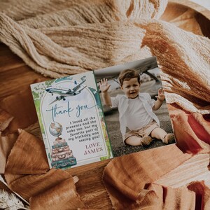World travel birthday thank you card with photo printable, vintage map birthday party thank you card, airplane 1st bday thank you note -C684