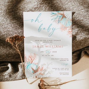 Oh baby shower invitation printable, ocean and sea shells coral reef baby shower invitation card decor, boho baby shower invitations - C233