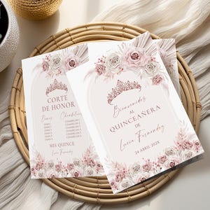 May include: Two pink and white floral themed Quinceañera invitations. The left invitation lists the "Corte de Honor" with the names of the "Damas" and "Chambelanes". The right invitation says "Bienvenidos al Quinceañera de Lucia Fernandez 24 Abril 202X".