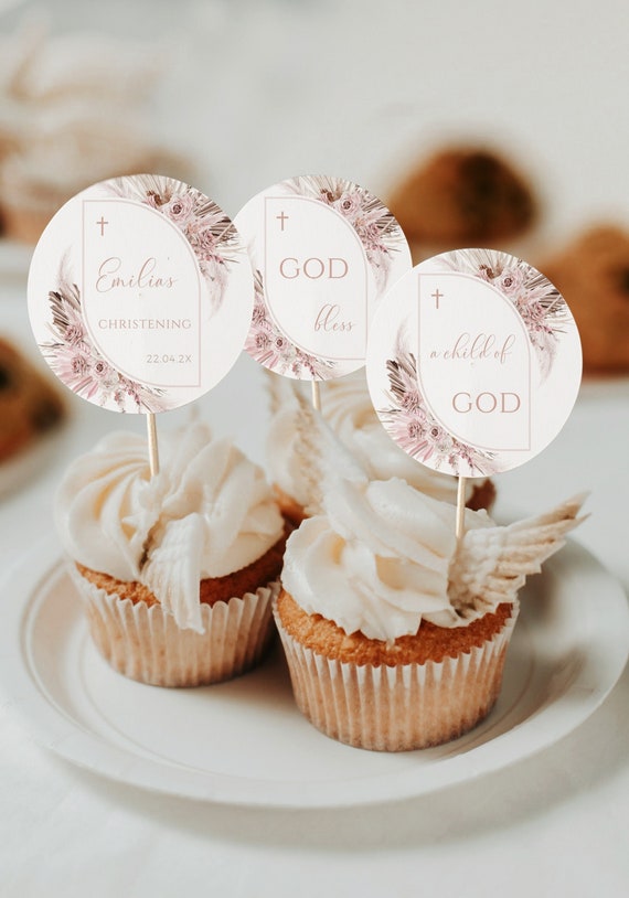 Baptism cupcake toppers modern arch, pink boho cupcake topper modern ...