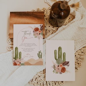 Desert cactus thank you card baby shower printable, boho arch baby shower thank you card, floral baby shower party thank you card decor-C411