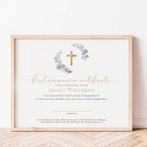 Blue eucalyptus first holy communion certificate printable, minimalist boy baptism certificate, gold cross first holy communion certificate