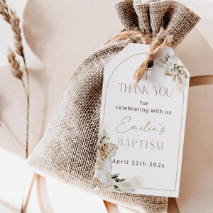 Bohemian baptism gift tag printable, arch angel thank you baptism tag, boho flowers baptism favor tag, gender neutral christening tag - C638
