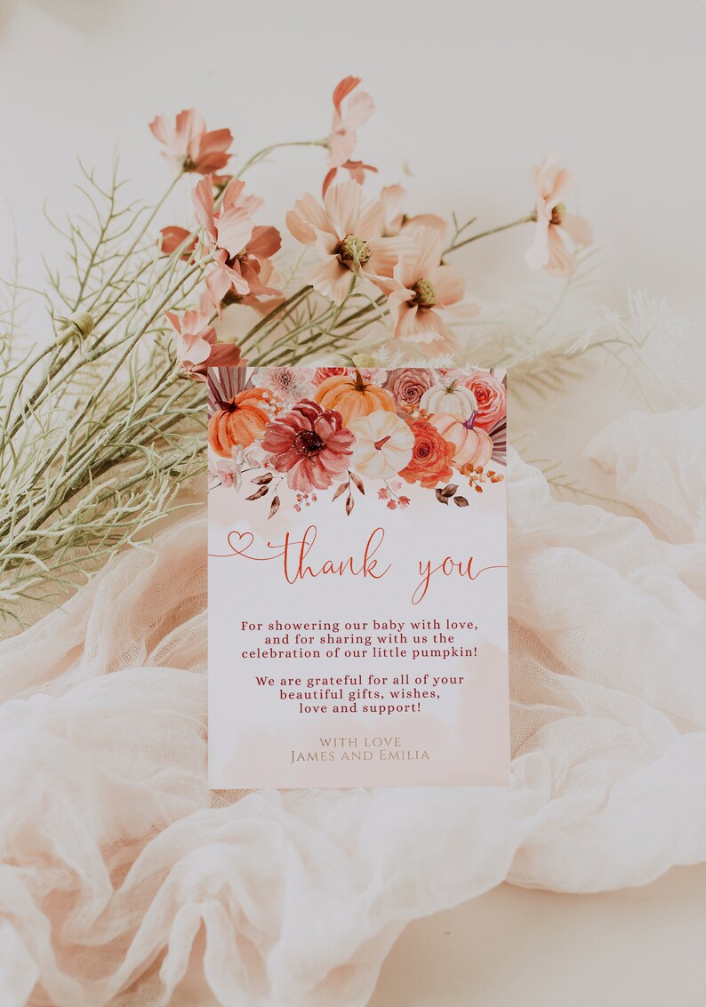 Fall Baby Shower Thank You Note, Pumpkin Floral Thank You Card Baby