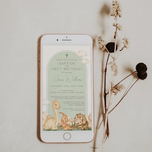 Dino electronic baptism & 1st birthday evite, beige dinosaurs christening 1st birthday evite green boho decor, editable boy text invite-C349