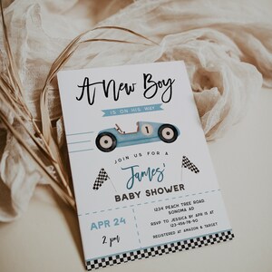 A new boy race car baby shower invitation, vintage sports car baby shower invite printable, blue retro car boy baby shower invitation - C274