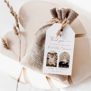 Twin boy & girl 1st communion favor gift label with photo, twins first communion thank you tag editable and decor, communion favor tag -C212