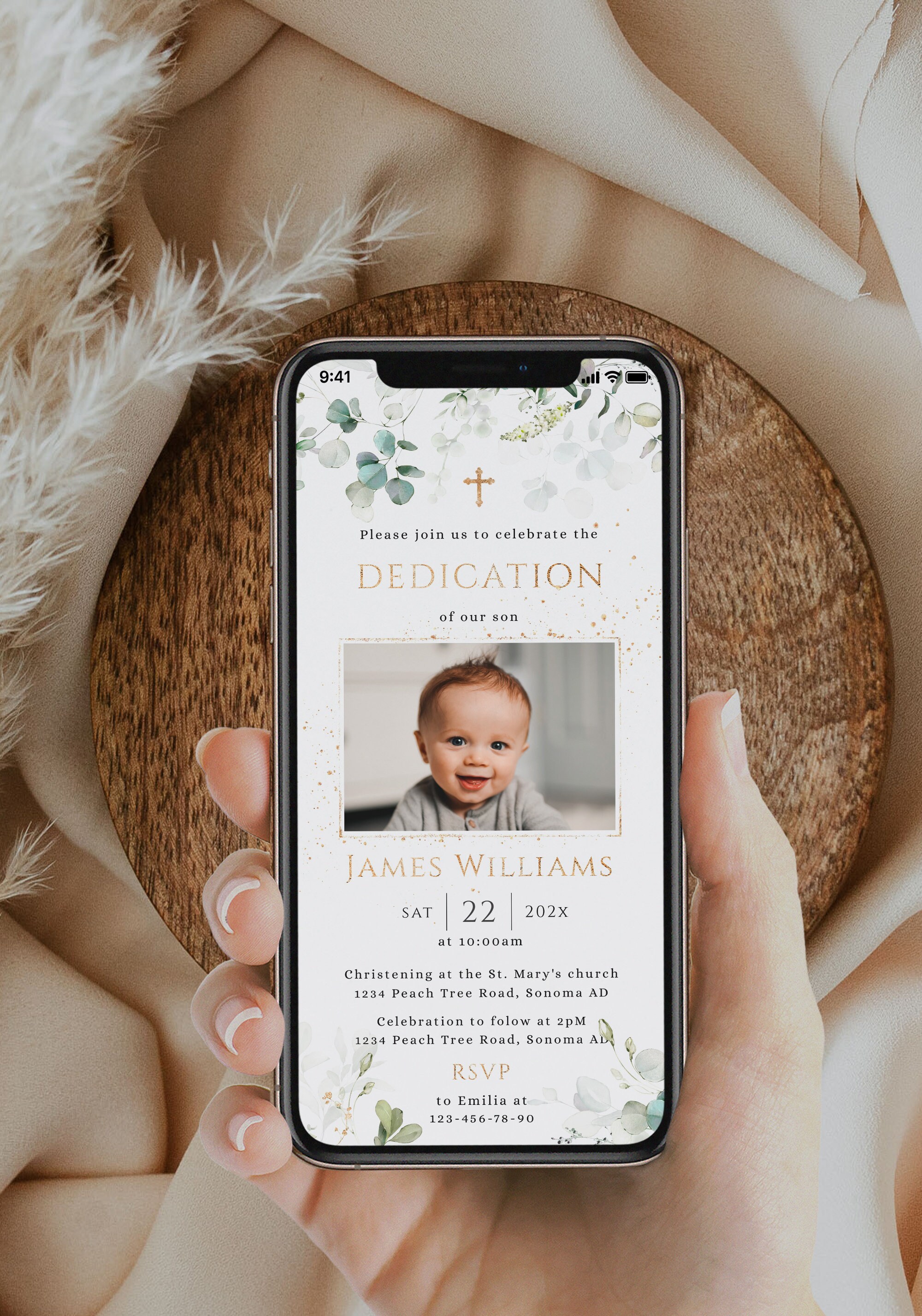 Electronic Greenery Baby Dedication Invitation, Green Gold Baptism ...
