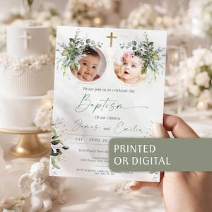 Baptism invitation twins, girl and boy baptism invitation with photo template, eucalyptus baptism editable, twin christening invitation
