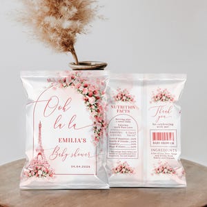 Paris oh la la baby shower chip bag wrapper template, pink floral baby shower chip bag label, eiffel tower baby shower chip bag label - C444