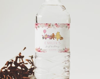 Winnie the pooh girl water bottle labels, winnie 1st birthday water bottle wrapper printable, winnie first bday water bottle sticker- C540-g