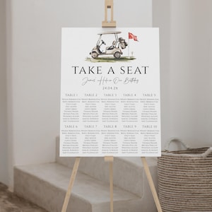 Golf cart and flag 1st birthday party seating chart printable, sport first birthday seating chart, golf birthday party seating chart - C649