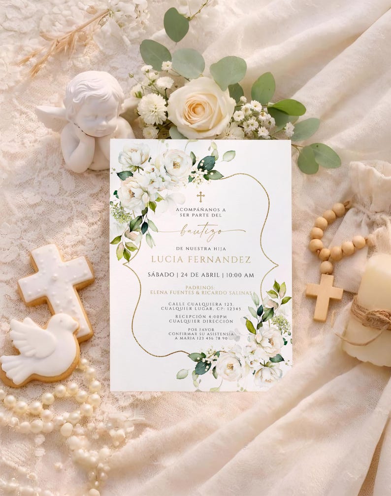 Bautizo invitation flat lay with white peony corners, gold scroll frame, cookies, and rosary beads on lace fabric