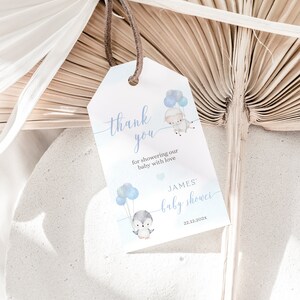 Balloon boy thank you tags, blue baby shower tags, boy penguin sheep party baby gift tag, baby penguin and sheep favor tags printable - C145
