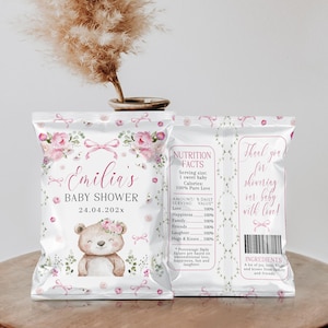 Pink bear baby shower chip bag label template, pink floral baby shower chip bag wrapper, girl pink bows baby shower chip bag label - C746