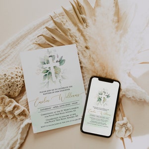 Printable greenery leaves baptism invitation, white cross christening invitation card, green gold baptism invite gender neutral decor - C015