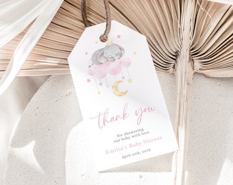 Elephant girl baby shower favor tag, thank you tag, girl baby shower gift tag, baby animals gift tags printable, party decor favor tag -C149