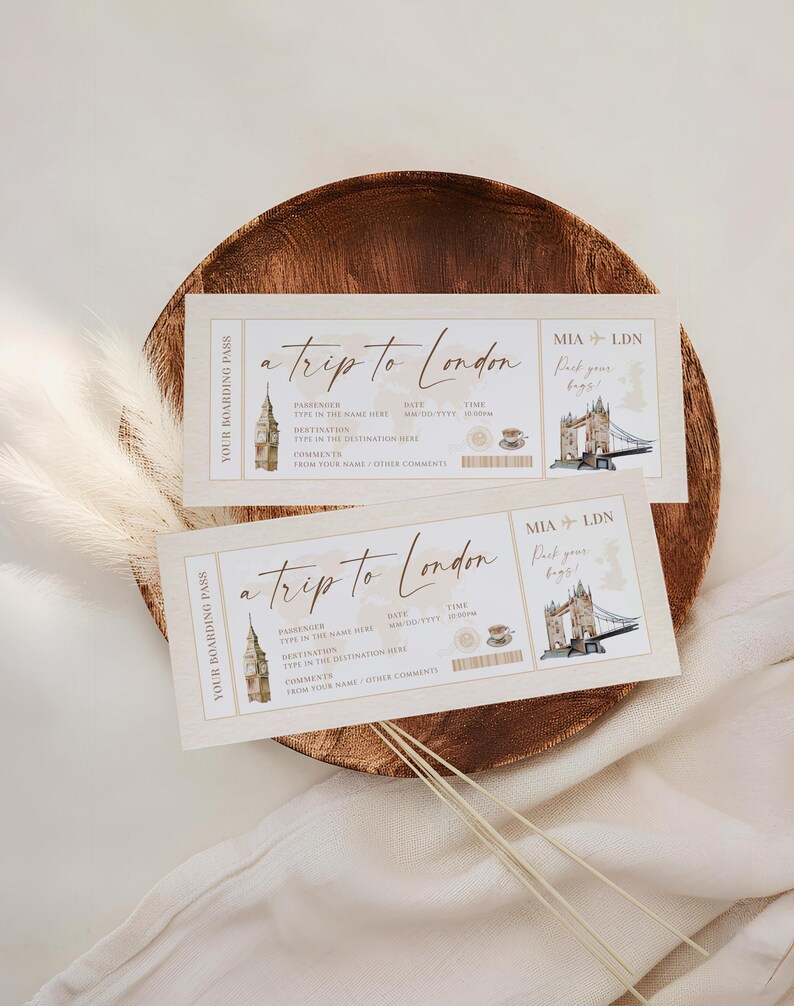 London surprise boarding pass, London gift boarding pass, vacation ticket printable airline, flight surprise trip ticket travel to London image 1