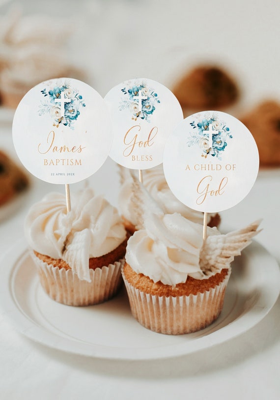 Floral boy baptism cupcake toppers printable, blue floral cupcake