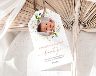 Floral baptism spanish thank you tag with photo printable, gracias niño tags bautizo en español gift tag, bautizo favor tag in spanish -C194