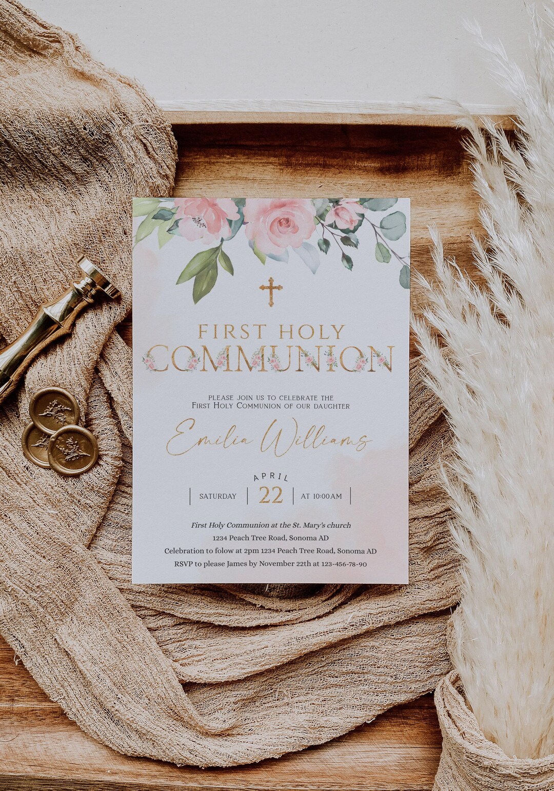 Blush Pink First Holy Communion Invitation Printable, Pink Floral ...
