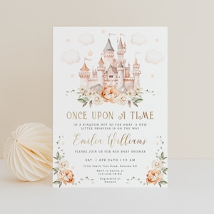Once upon a time baby shower invitation template, princess castle baby shower party invitation card, modern girl baby shower invite - C511