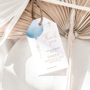 Blue & gold balloon baptism first birthday thank you tag, baptism birthday thank you gift tag boys, editable blue christening tags - C132