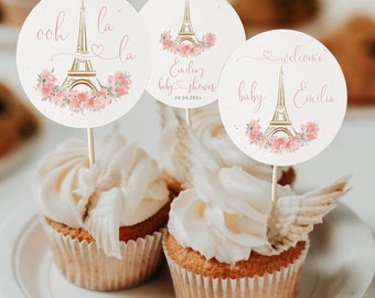 Paris baby shower cupcake toppers printable, ooh la la pink flowers baby shower cupcake label, eiffel tower theme baby shower cupcake - C445