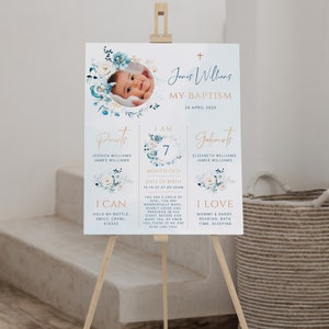 Floral baptism milestone sign printable, blue modern baptism milestone with photo, christening milestone, baptism decorations poster - C163