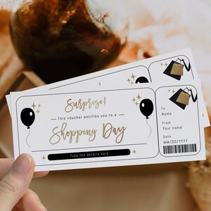 Editable shopping day ticket template, printable shopping gift voucher, birthday surprise ticket, surprise activity shopping coupon card