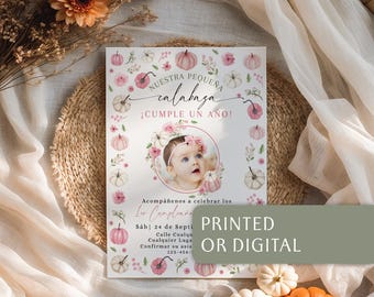 Editable Spanish Fall Girl 1st Birthday Invitation With Photo: Pequeña Calabaza Pink Pumpkin Primer Año - C803-g