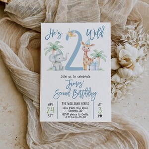 May include: A birthday invitation with the text "He's Wild 2". The invitation features illustrations of an elephant and a giraffe, along with the text "Join us to celebrate James' Second Birthday". The date is April 24th.