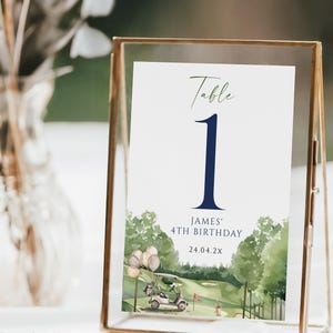 Golfing 4th birthday table number printable, beige balloons on golf cart fourth birthday table number, golf 4th birthday table number - C646