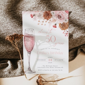 Bohemian pink floral adult 50th birthday invitation for a woman template, champagne 50th birthday invitation, pink wine 50th invite - C360