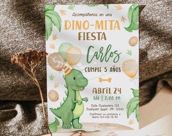 Dino-mita fiesta invitación de 5 años, invitación de cumpleaños en español para niño printable, spanish dino 5th birthday party invite -C269