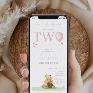 Our little hunny is turning two digital invitation editable, winnie the pooh 2nd birthday electronic invite, winnie girl bday evite - C538-g