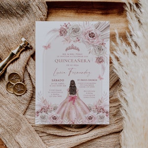 Dusty pink bohemian quinceañera invitation printable, mis quince 15 anos quinceañera spanish, 15 birthday invitation princess sweet 16 -Q283