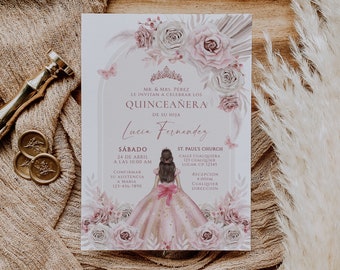 Dusty pink bohemian quinceañera invitation printable, mis quince 15 anos quinceañera spanish, 15 birthday invitation princess sweet 16 -Q283