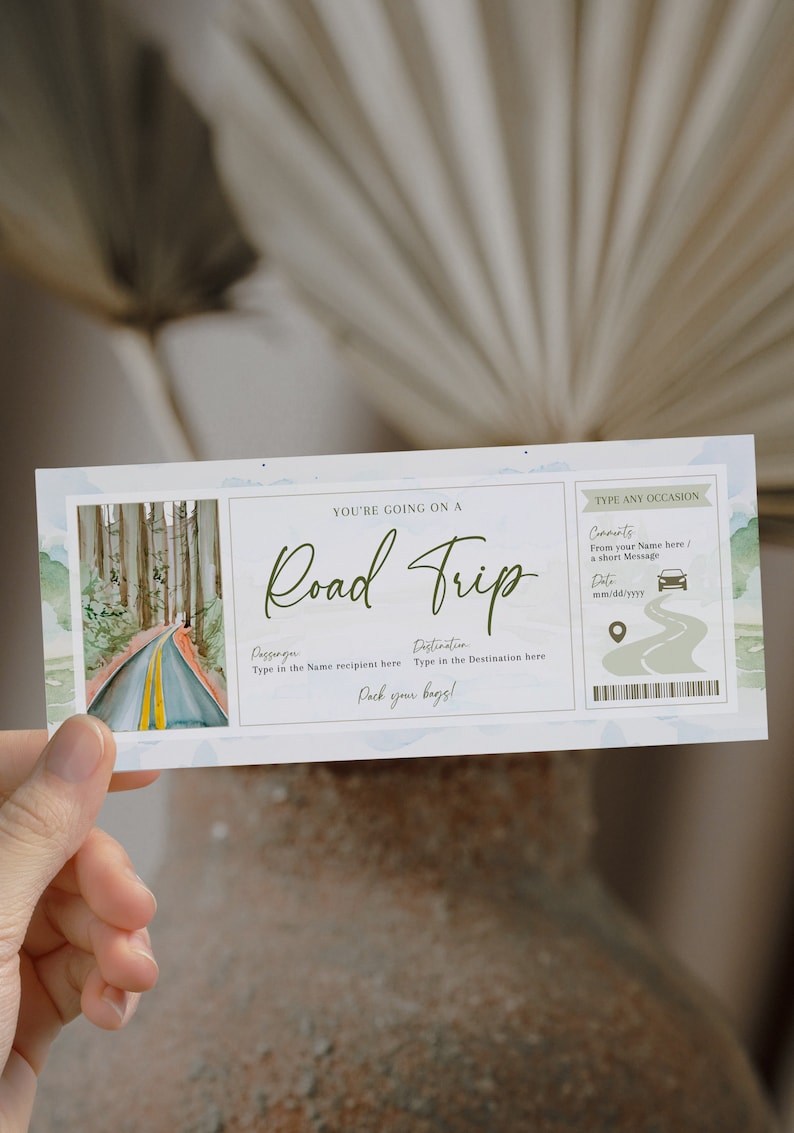 Printable weekend surprise trip reveal, travel voucher, road trip reveal gift ticket, surprise getaway ticket, road trip vacation, car trip image 1