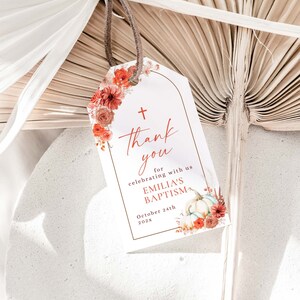 Fall arch rectangular baptism favor tag printable, orange pumpkin religious thank you tags, boho floral baptism favor gift tags decor - C323