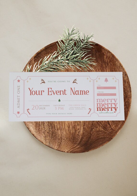 Event ticket template, christmas gift surprise concert ticket, holiday invitation ticket, show christmas event ticket editable gift voucher Il_570xn