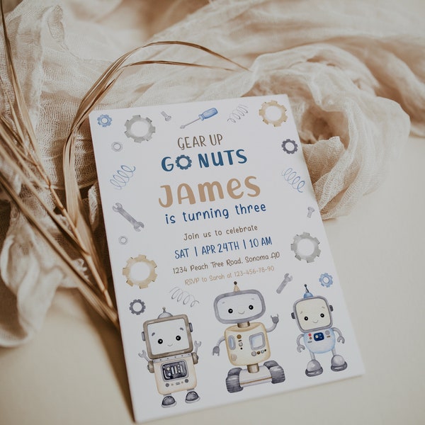 Robot let's go nuts birthday party invitations boys printable, blue kids robot birthday party editable invitation, bolts b-day Invite - C248