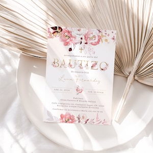 Invitaciones de bautizo niña, invitacion bautizo en espanol, girl baptism invitation in spanish pink floral, invitacion para niñas - C211g